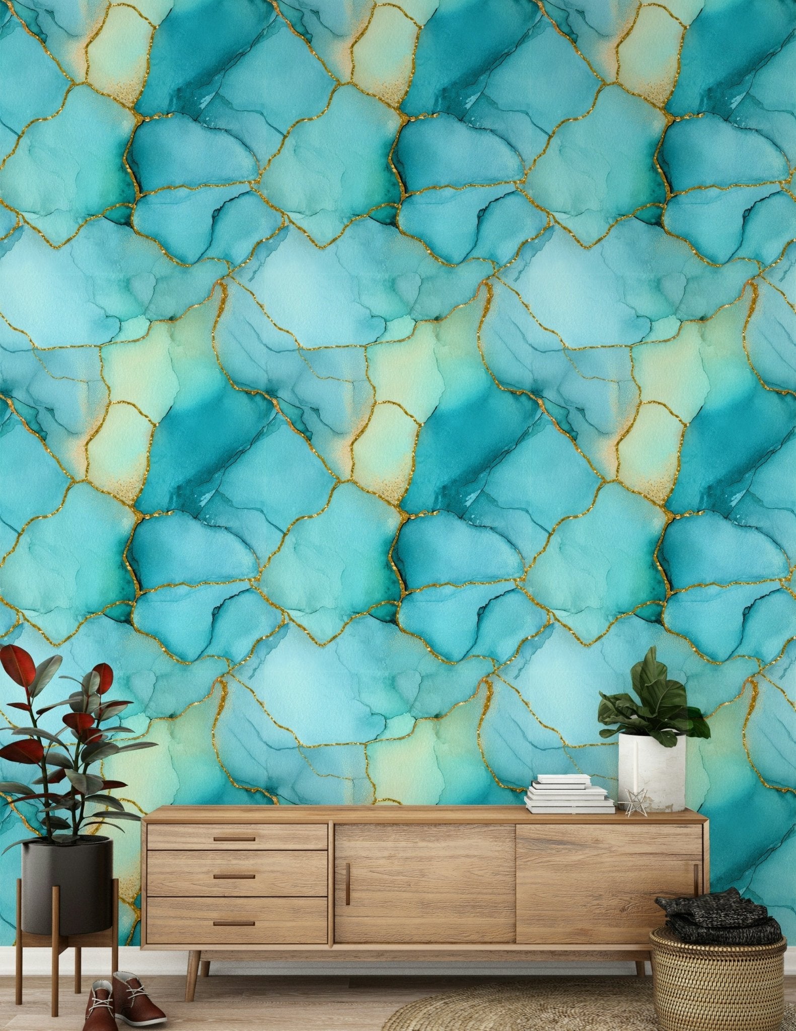 Shimmering blue and gold waves Gilded Aqua Dreams Marble Wallpaper adorning a hallway.