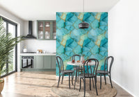 Designer style Gilded Aqua Dreams Marble Wallpaper backdrop for a stylish seating area.