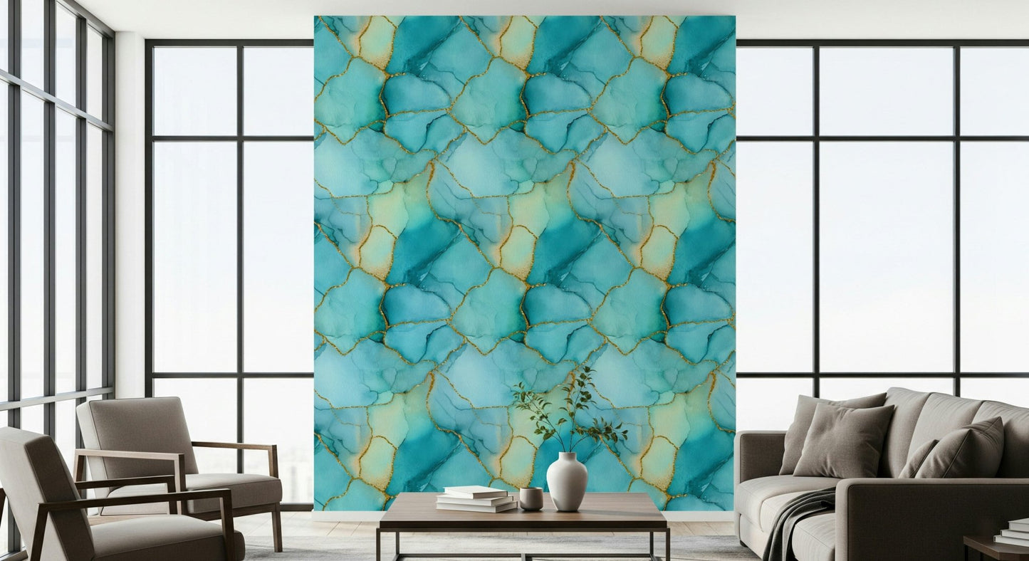 Abstract aqua and metallic pattern Gilded Aqua Dreams Marble Wallpaper bedroom feature.