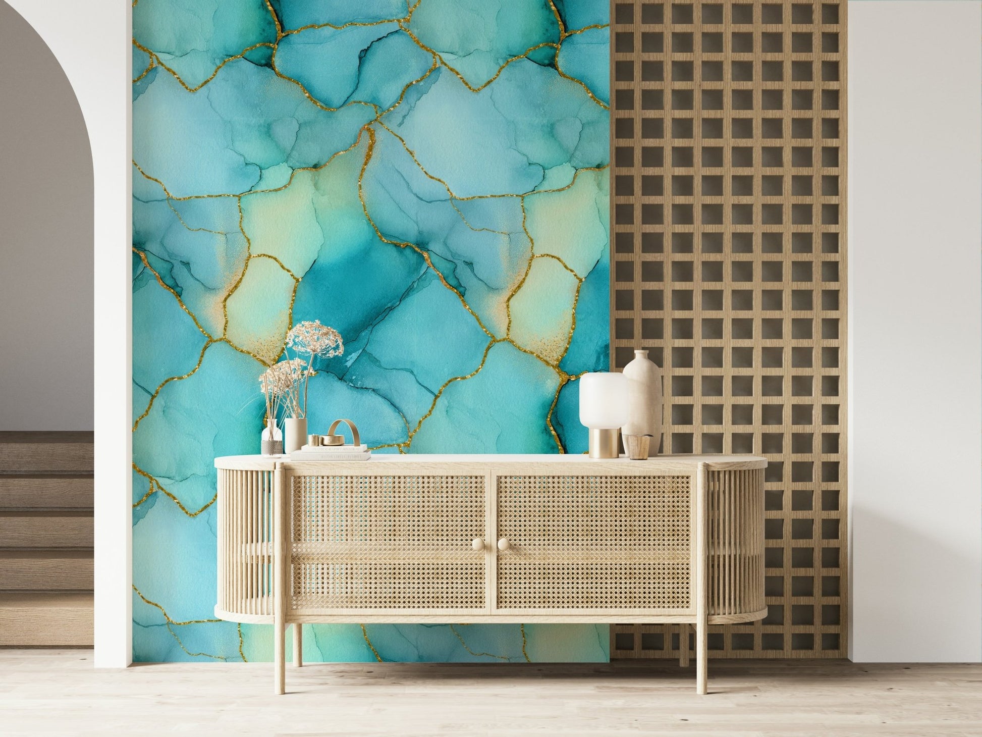 Realistic marble texture Gilded Aqua Dreams Marble Wallpaper enhancing a powder room.