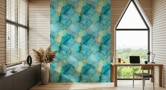 Gilded Aqua Dreams Marble Wallpaper elegant blue living room decorative surface.