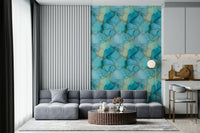 Premium quality marble look Gilded Aqua Dreams Marble Wallpaper framing a piece of art.