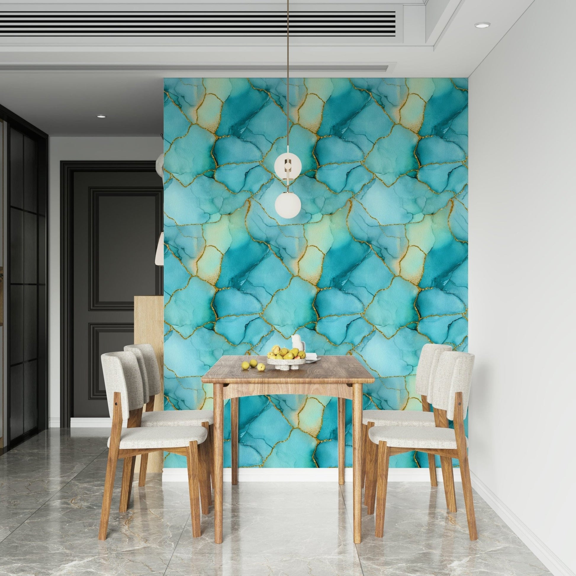 Luxurious gold veining Gilded Aqua Dreams Marble Wallpaper installed in a modern office.