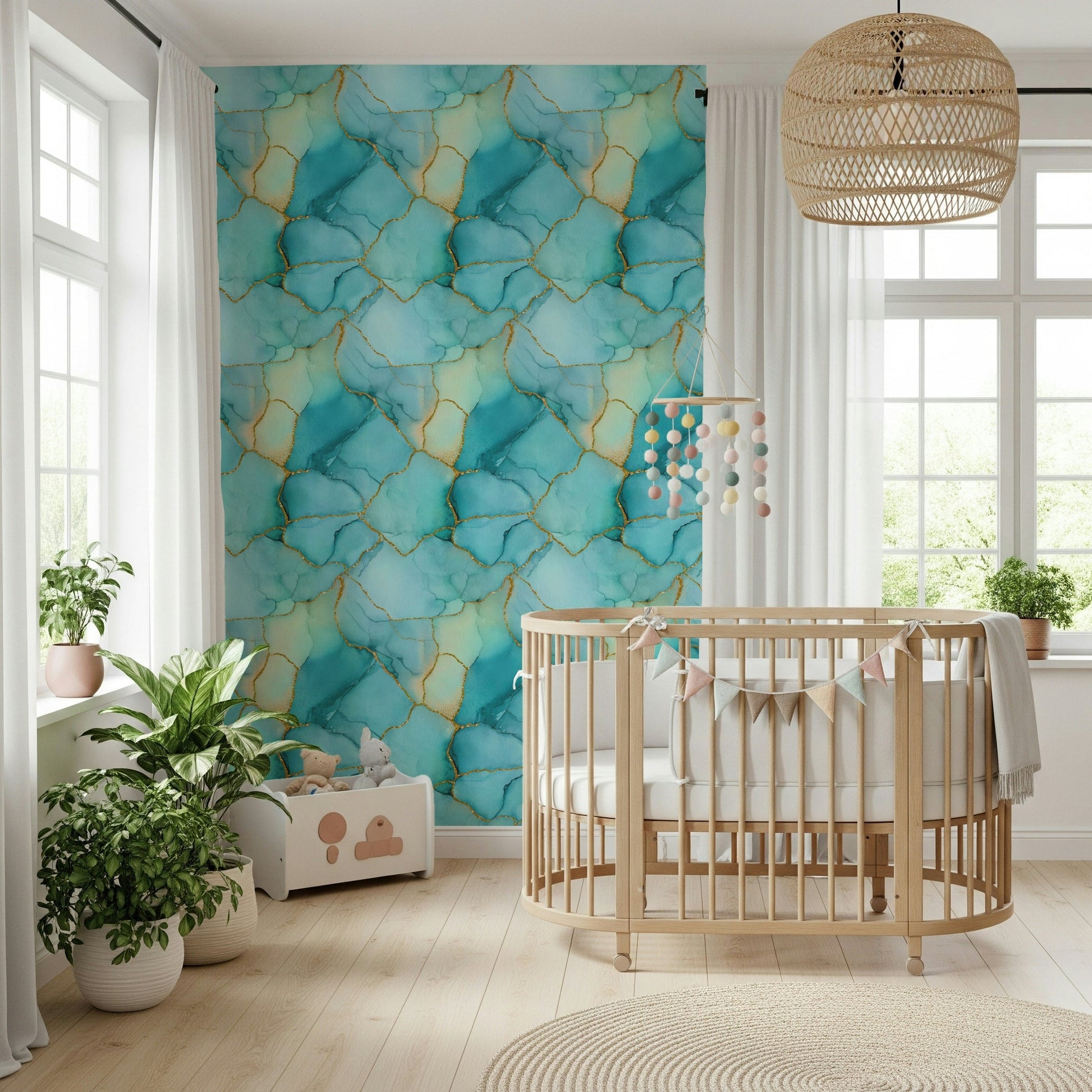 Iridescent finish Gilded Aqua Dreams Marble Wallpaper brightening a contemporary entryway.