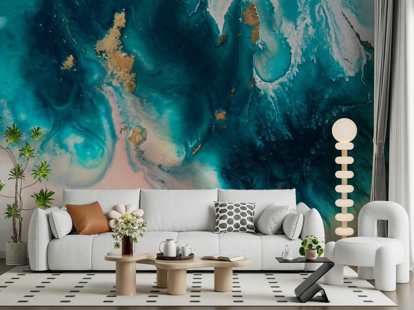A serene flowing design wall mural with subtle gold lines.