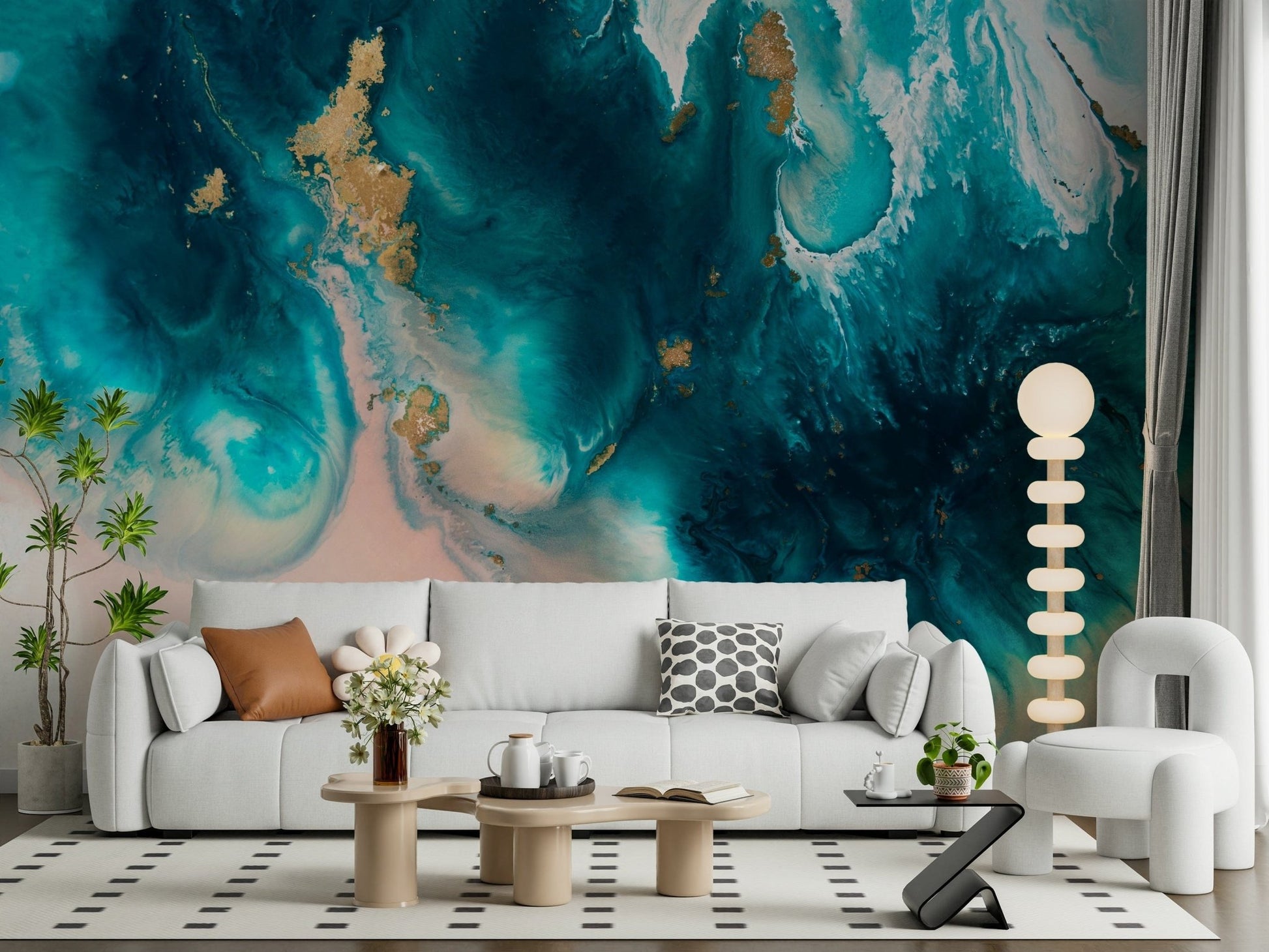A serene flowing design wall mural with subtle gold lines.