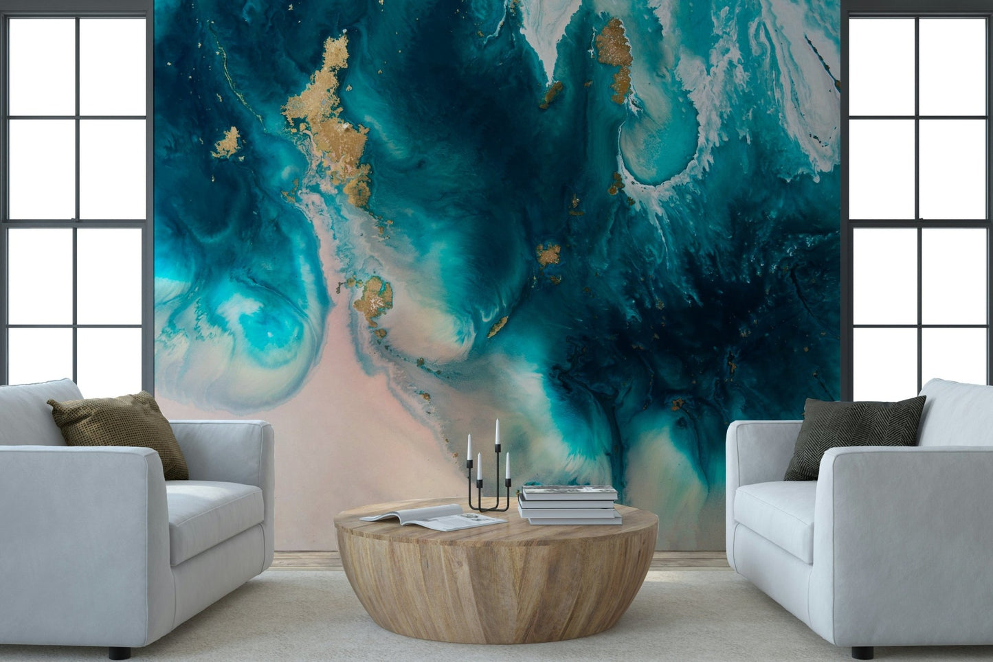 A peaceful modern abstract mural on decorative wallpaper.