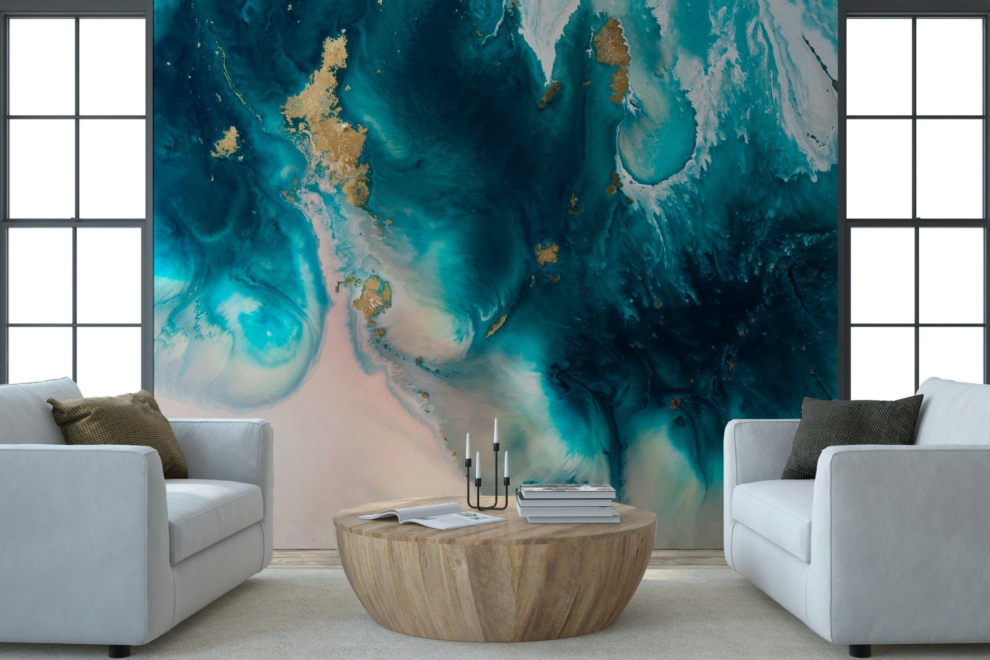 A peaceful modern abstract mural on decorative wallpaper.