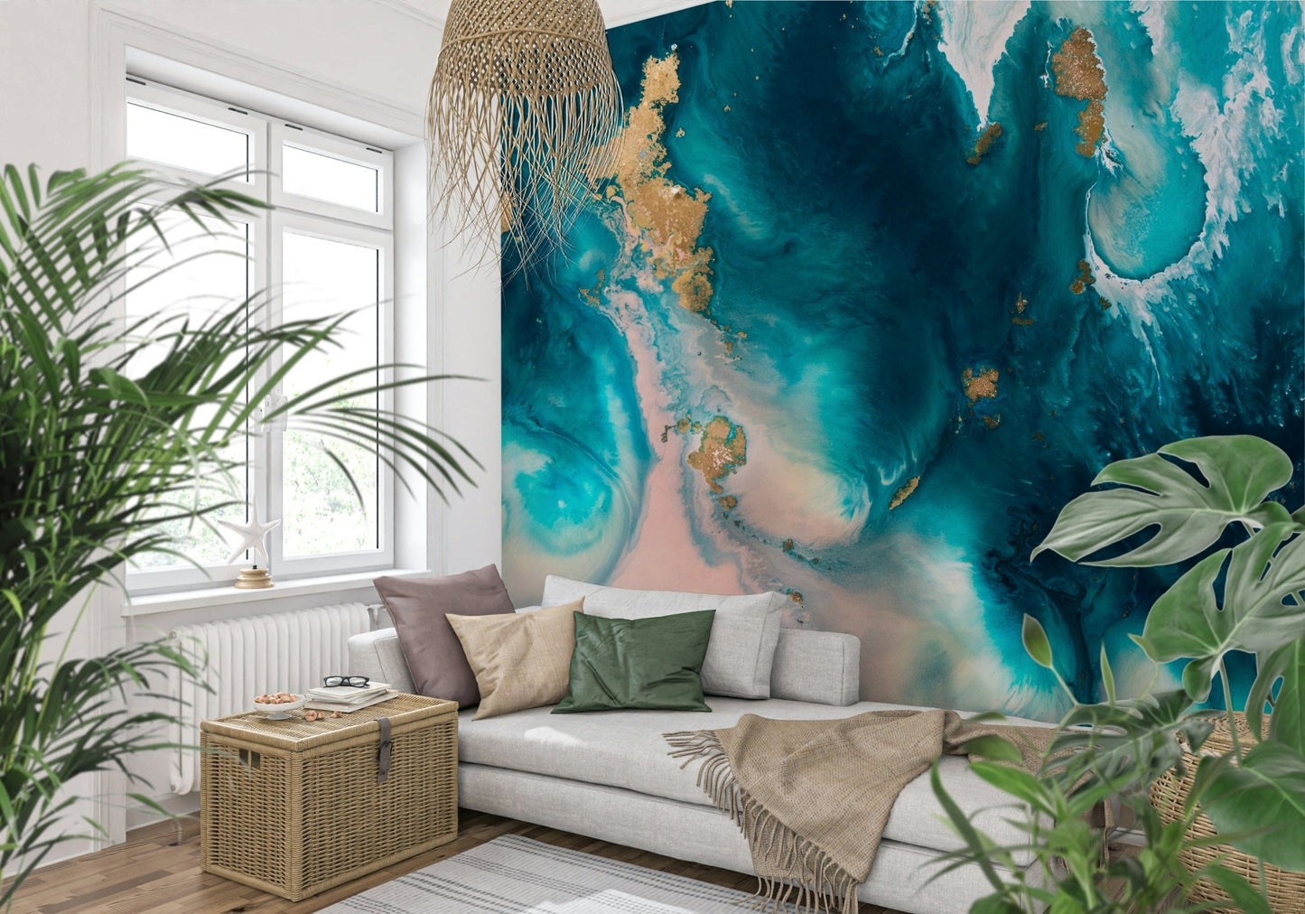A contemplative gentle blue wallpaper mural for a feature wall.