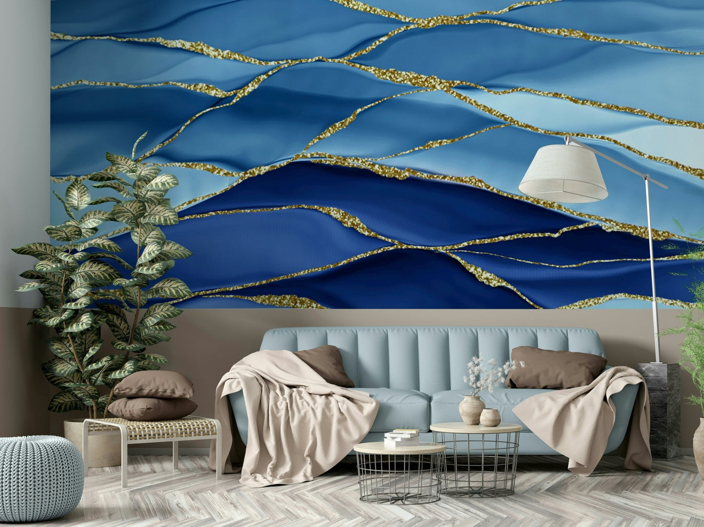 Gilded Azure Waves Wall Mural
