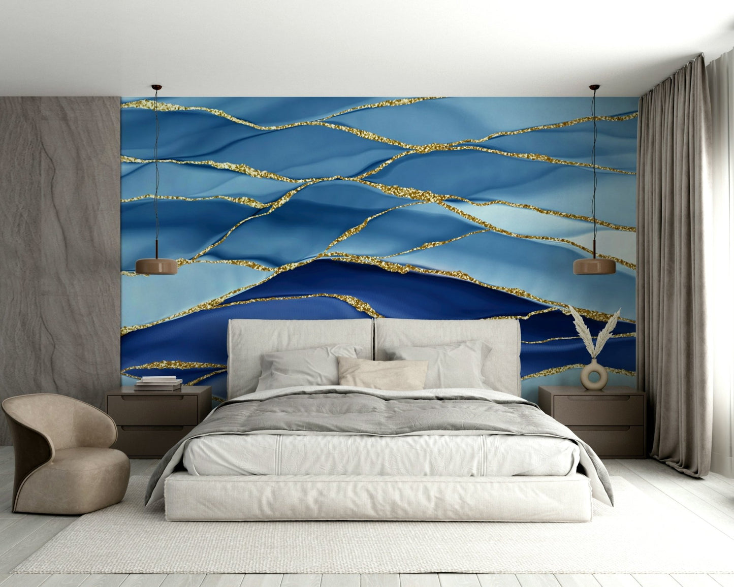 Gilded Azure Waves Wall Mural