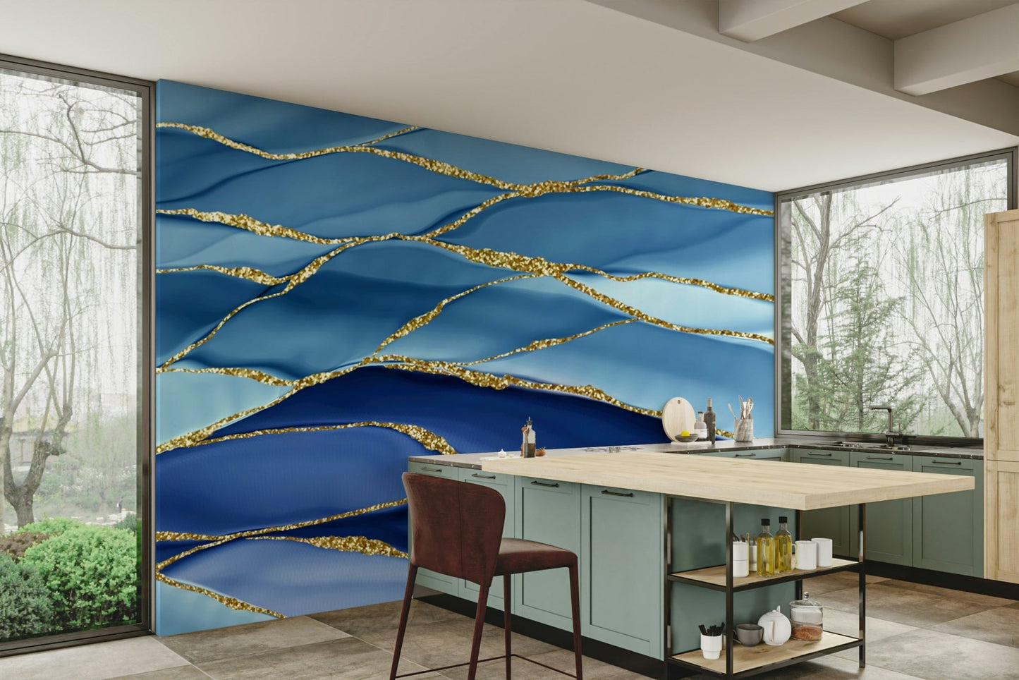 Gilded Azure Waves Wall Mural