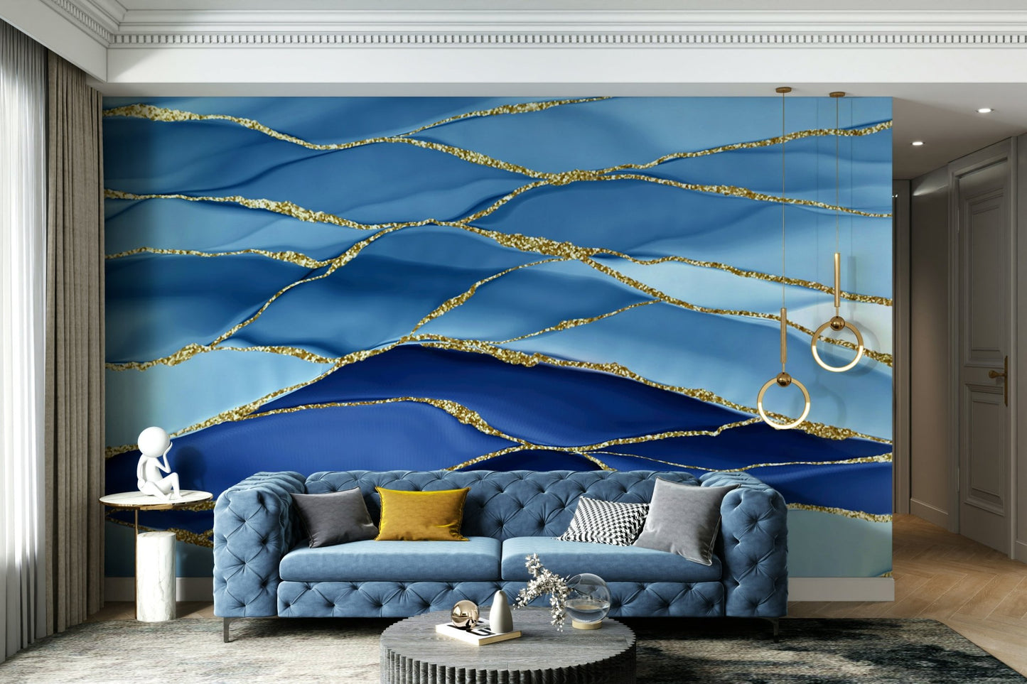 Gilded Azure Waves Wall Mural