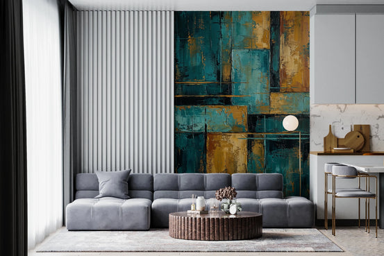 Teal and gold abstract blocks wall mural art, GD8441