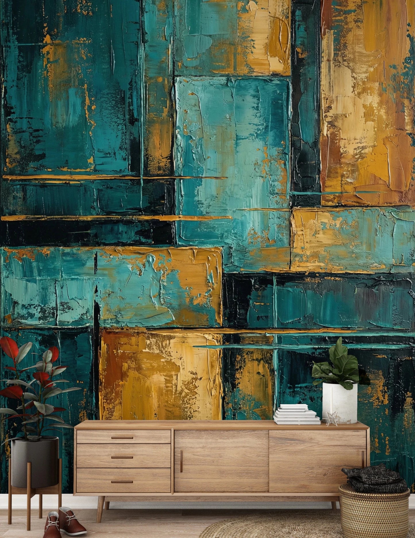 Contemporary office wall art in teal and gold