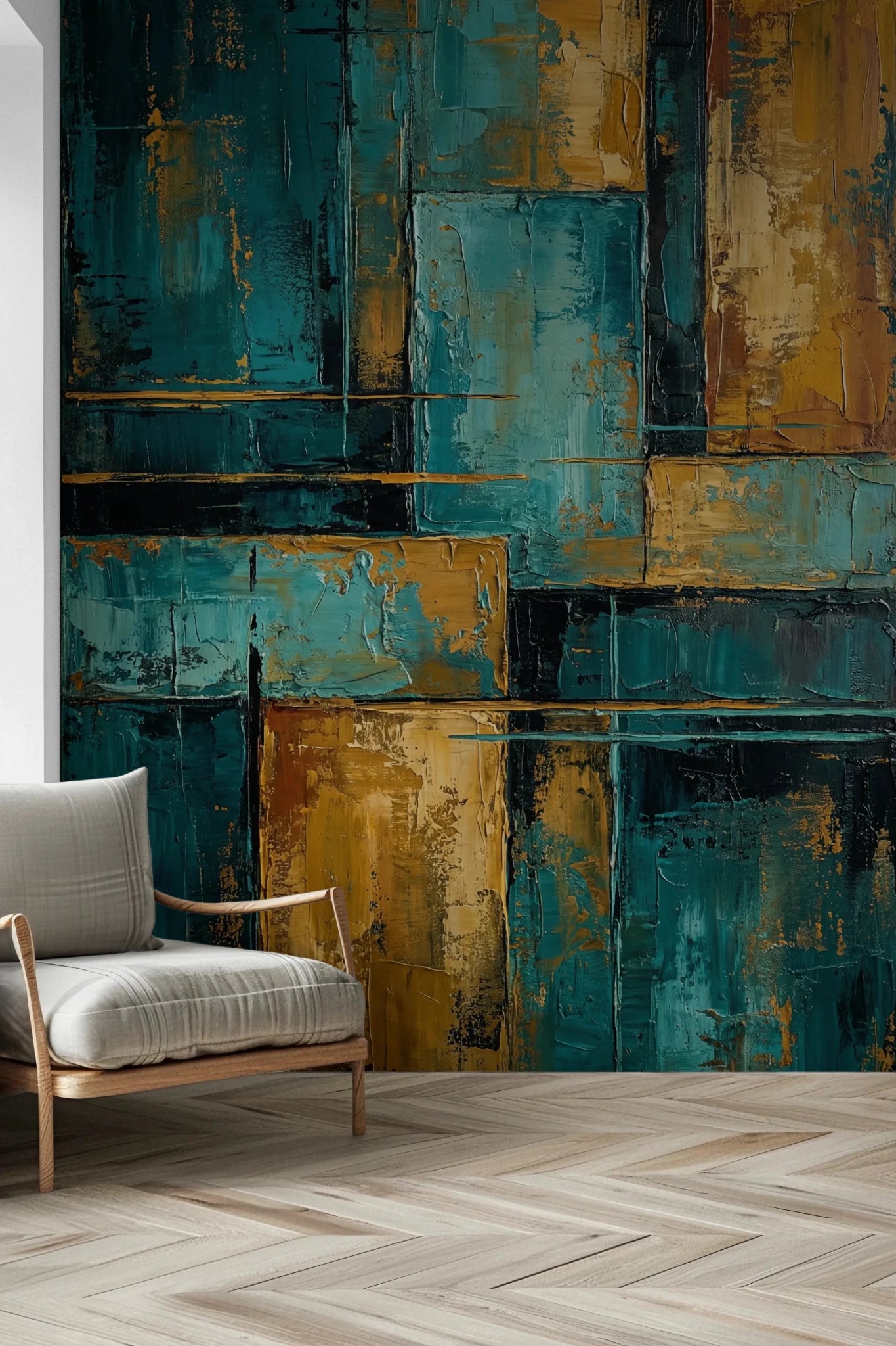 Industrial style teal and orange wall mural