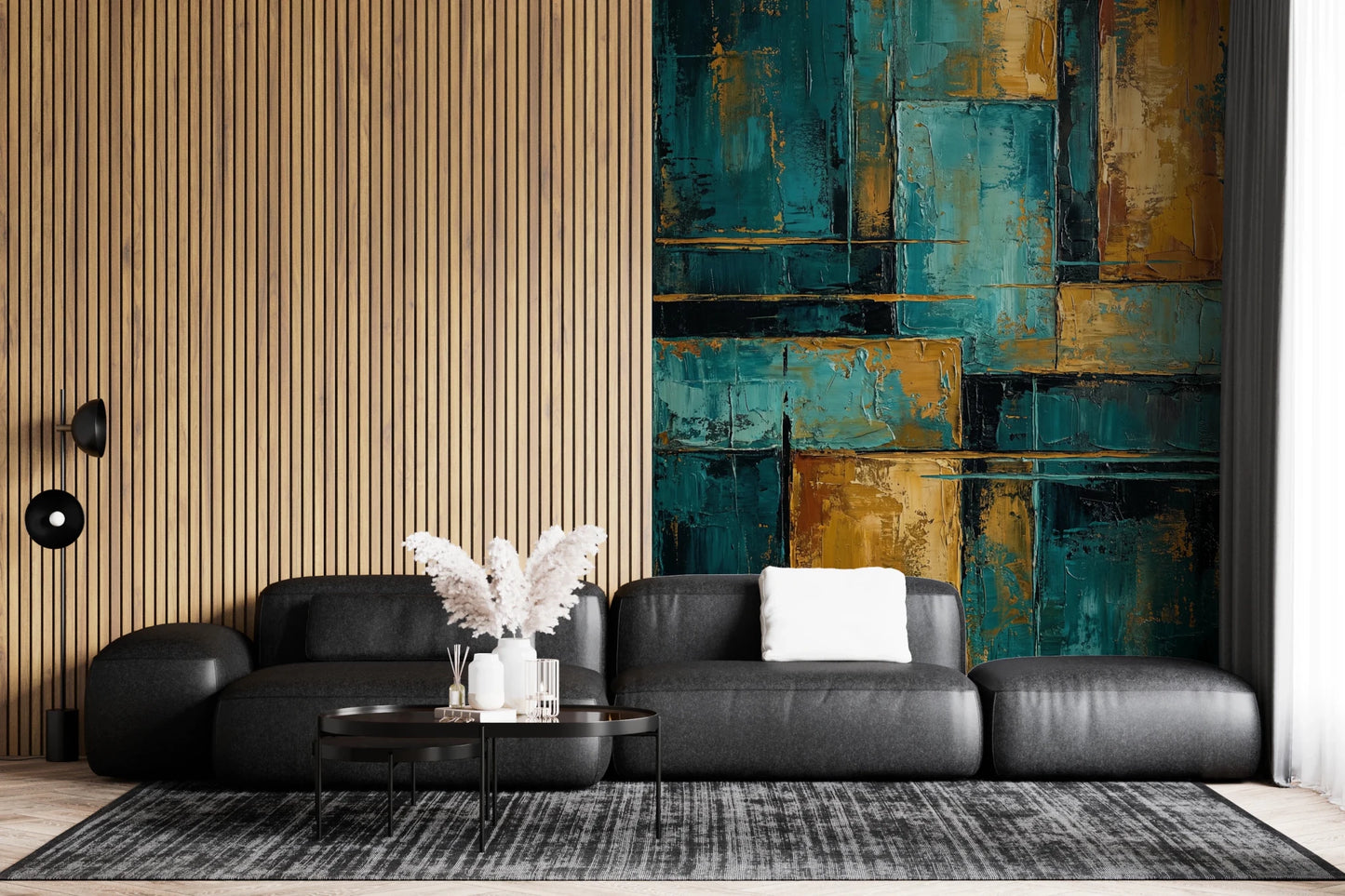 Dark teal and ochre textured wall mural design