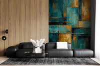 Dark teal and ochre textured wall mural design