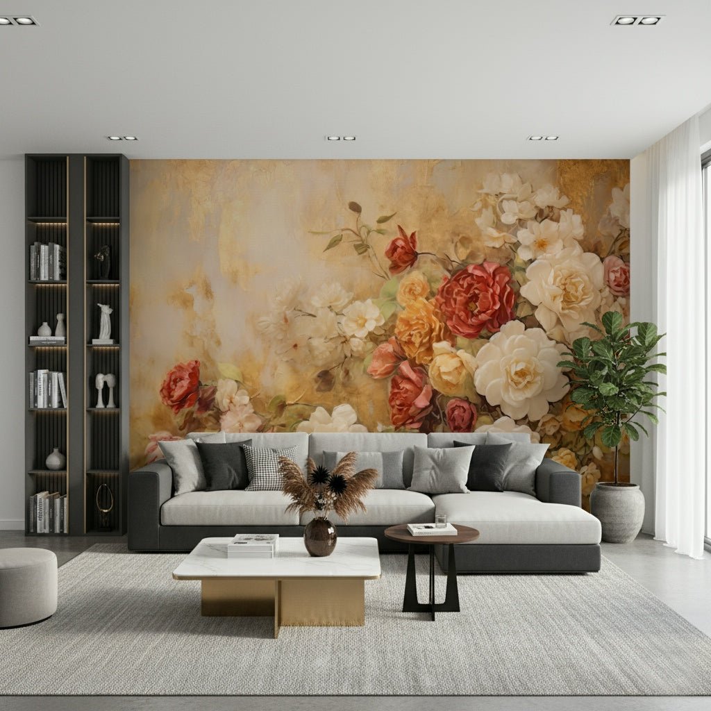 A graceful subtle bloom wall mural in rich, lavish tones.

