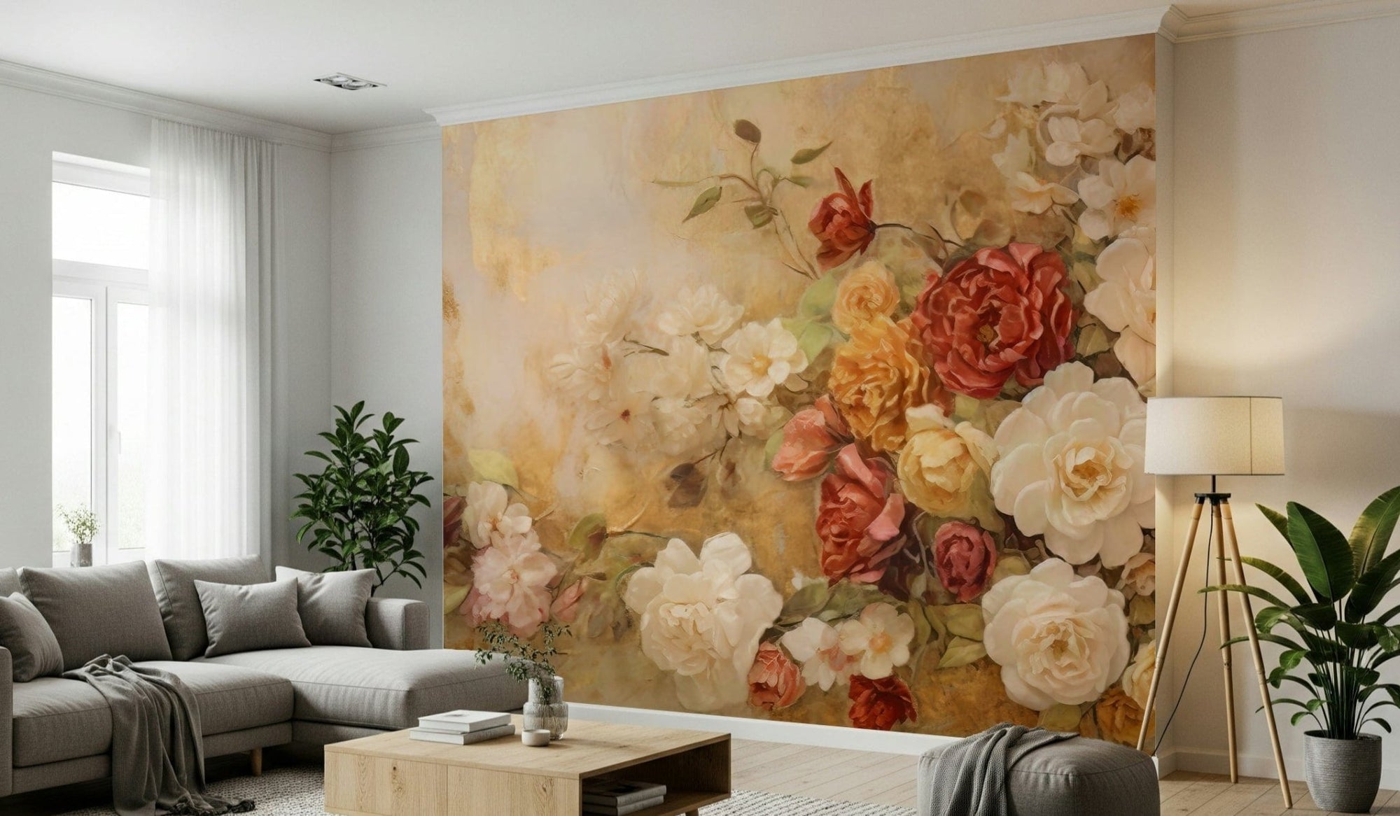 A beautiful gilded floral wallpaper mural with elegant blooms., GD5264