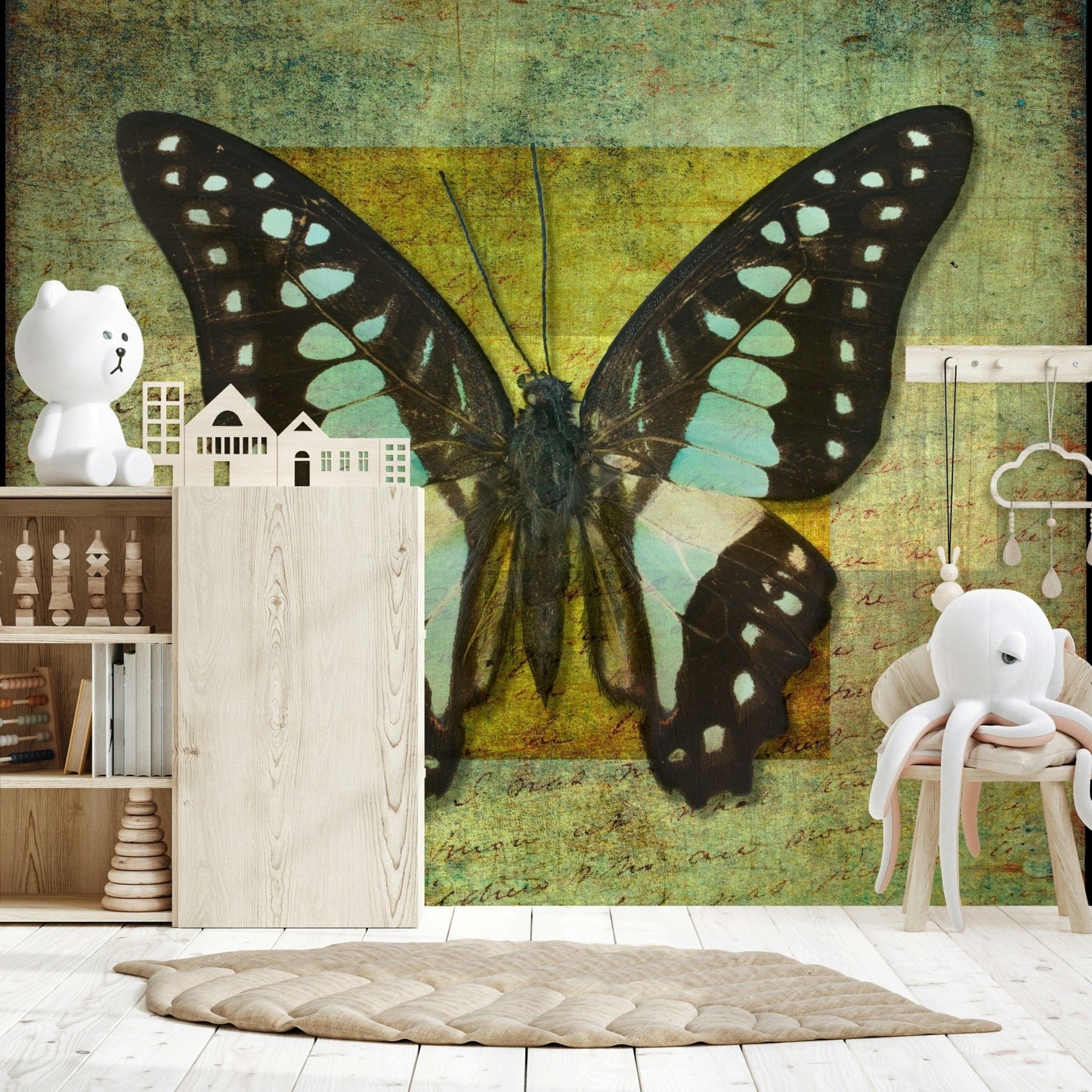 Black and turquoise Gilded Butterfly artwork mural.