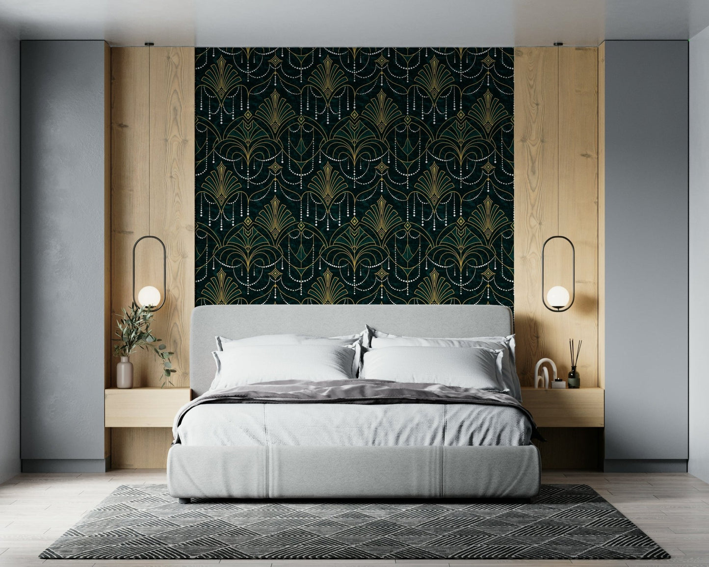 A classic abstract block wallpaper for walls with gold foil.