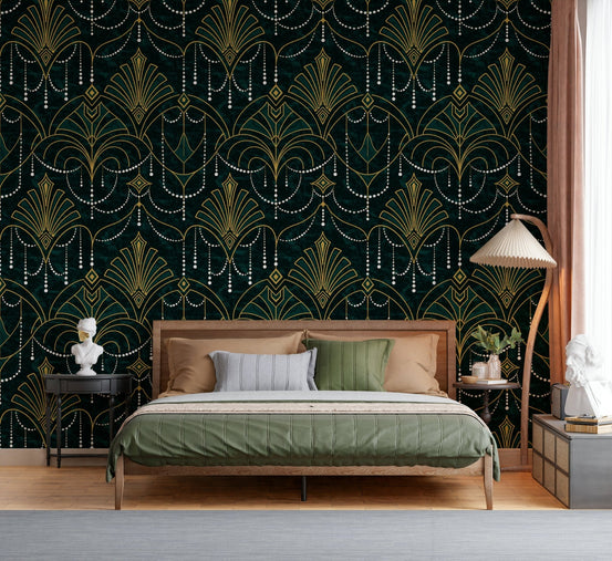A beautiful Art Deco geometric wallpaper mural in emerald green and gold., GD5911