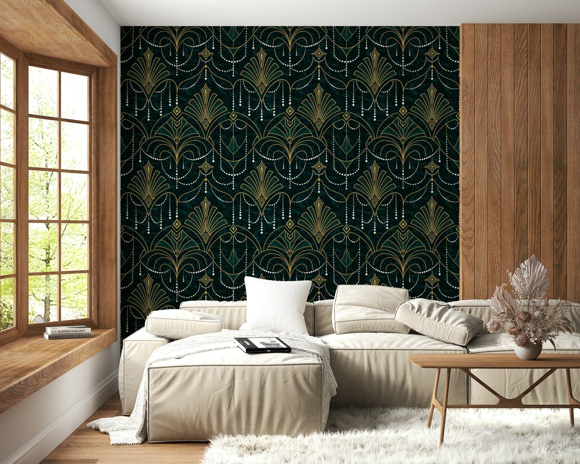 A contemplative geometric design wallpaper mural for a feature wall.