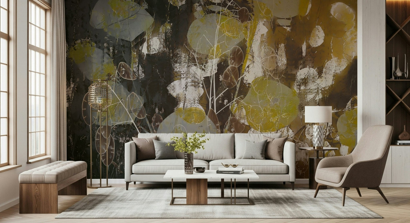 A beautiful gilded floral wallpaper mural with elegant blooms.