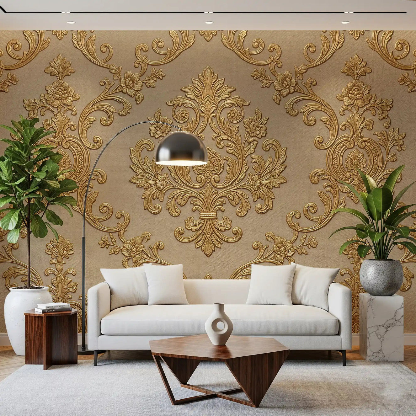 Hallway featuring Gilded Floral Elegance wall mural in a warm classic pattern