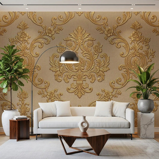 Hallway featuring Gilded Floral Elegance wall mural in a warm classic pattern