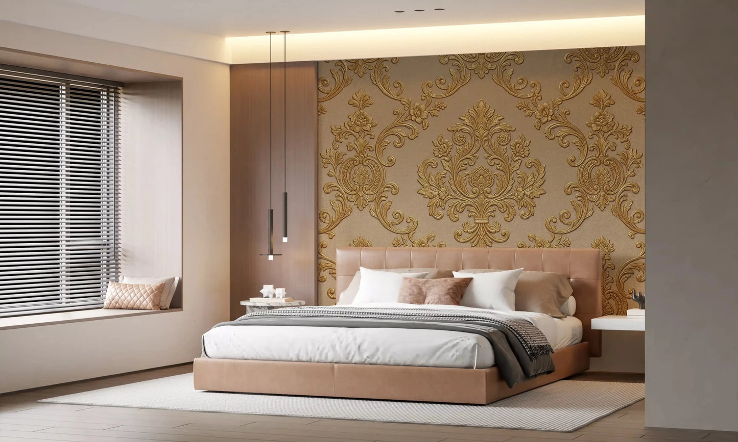 Bedroom wall styled in Gilded Floral Elegance mural with beige floral scrollwork
