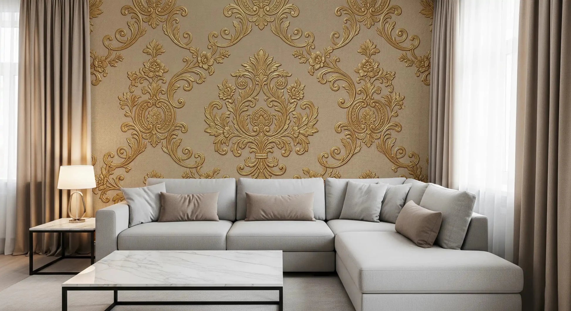 Beige decorative wall mural with Gilded Floral Elegance and subtle texture