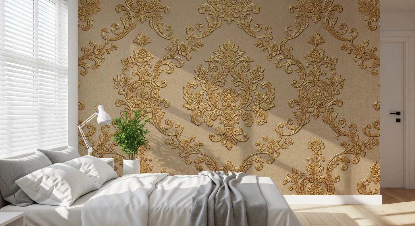 Warm neutral wall mural showing Gilded Floral Elegance in soft gold tones