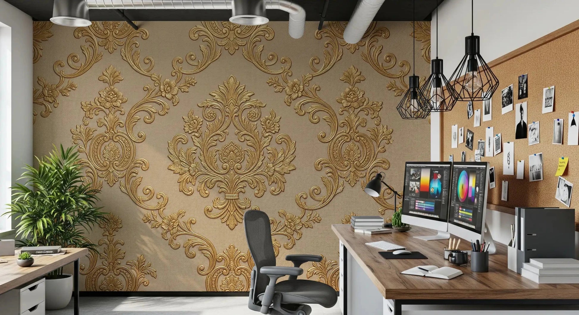 Office space with Gilded Floral Elegance wall mural and ornate gold motif