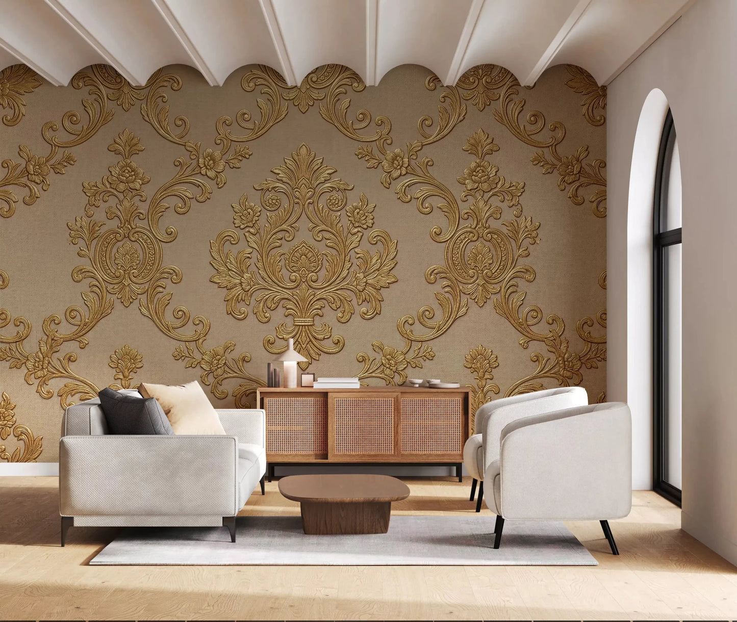 Ornamental gold detailing defines Gilded Floral Elegance wall mural surface