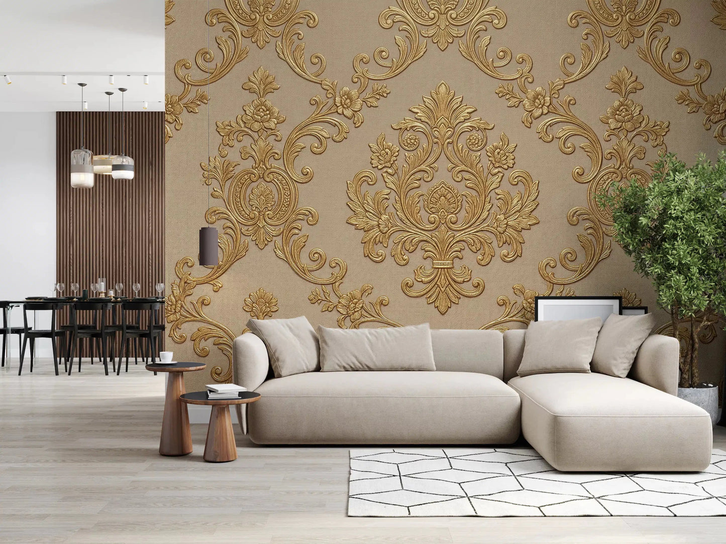 Living room with Gilded Floral Elegance wall mural in soft gold damask detail