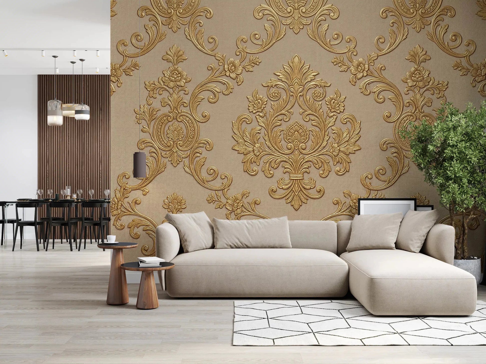 Living room with Gilded Floral Elegance wall mural in soft gold damask detail