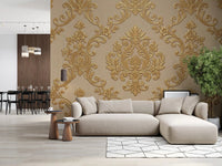 Living room with Gilded Floral Elegance wall mural in soft gold damask detail