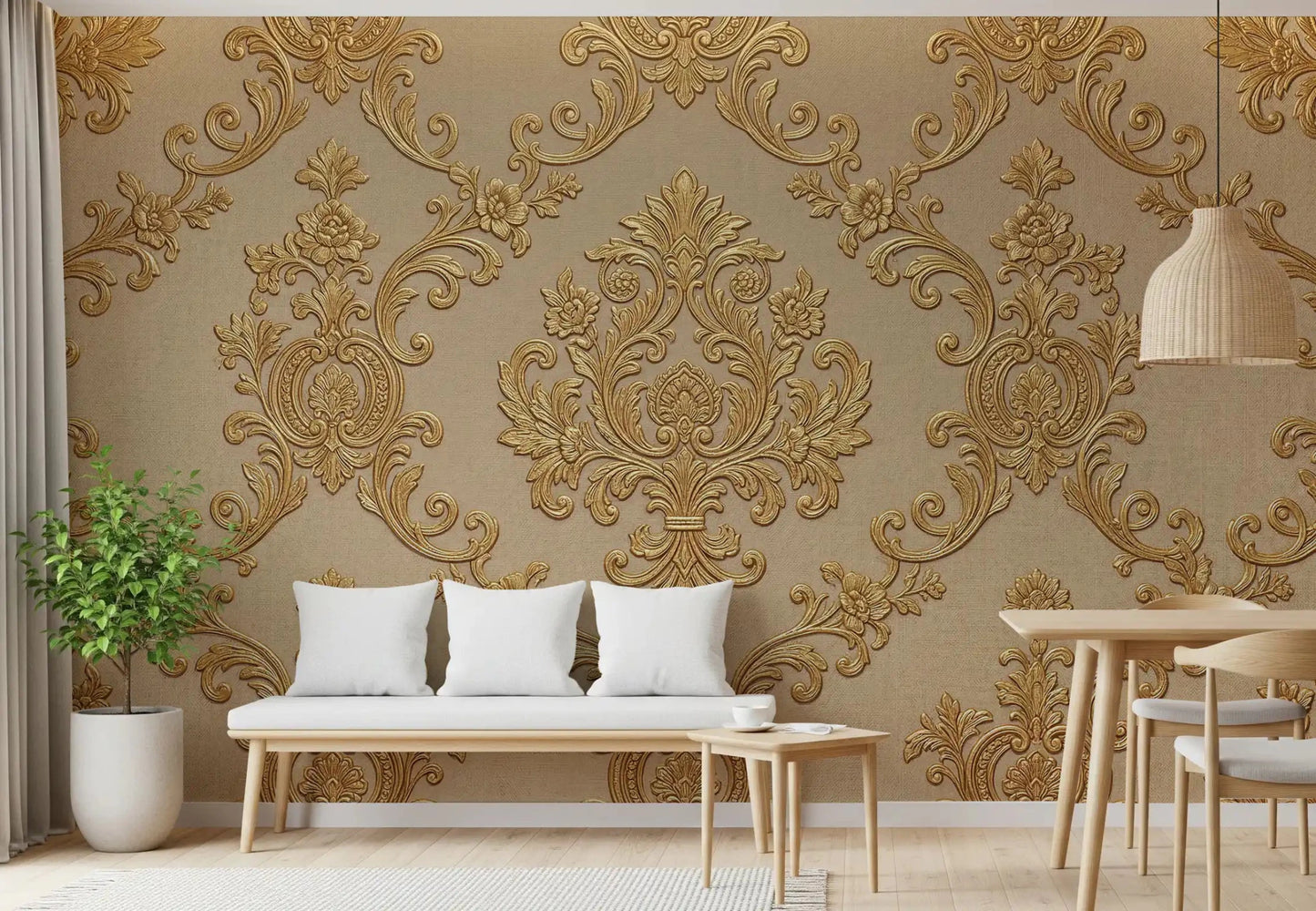 Gilded Floral Elegance wall mural with delicate floral scrolls on beige