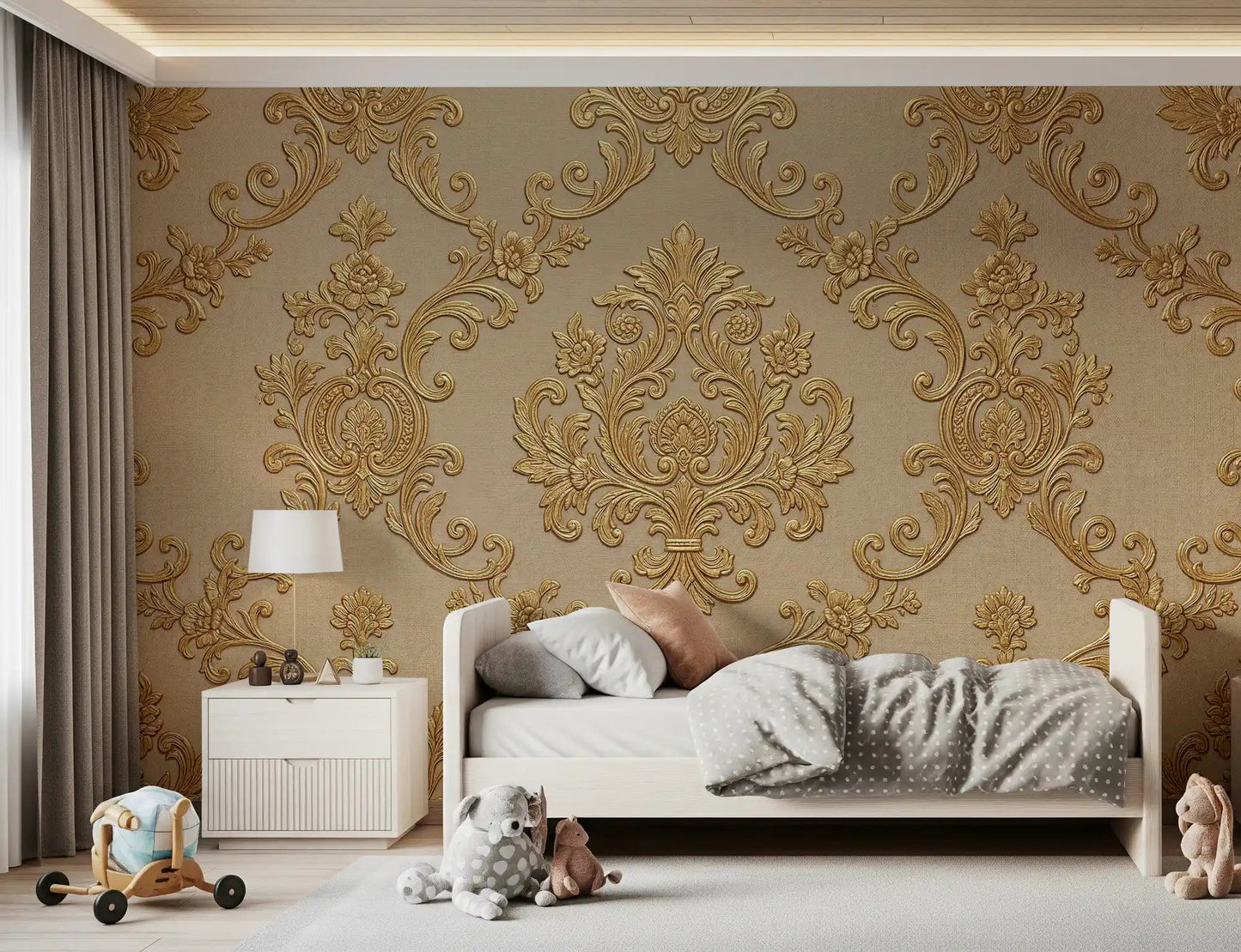 Classic damask styling shapes Gilded Floral Elegance wall mural beautifully