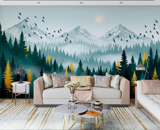 Gilded Forest Wall Mural with black and gold leaf pattern, GD7680