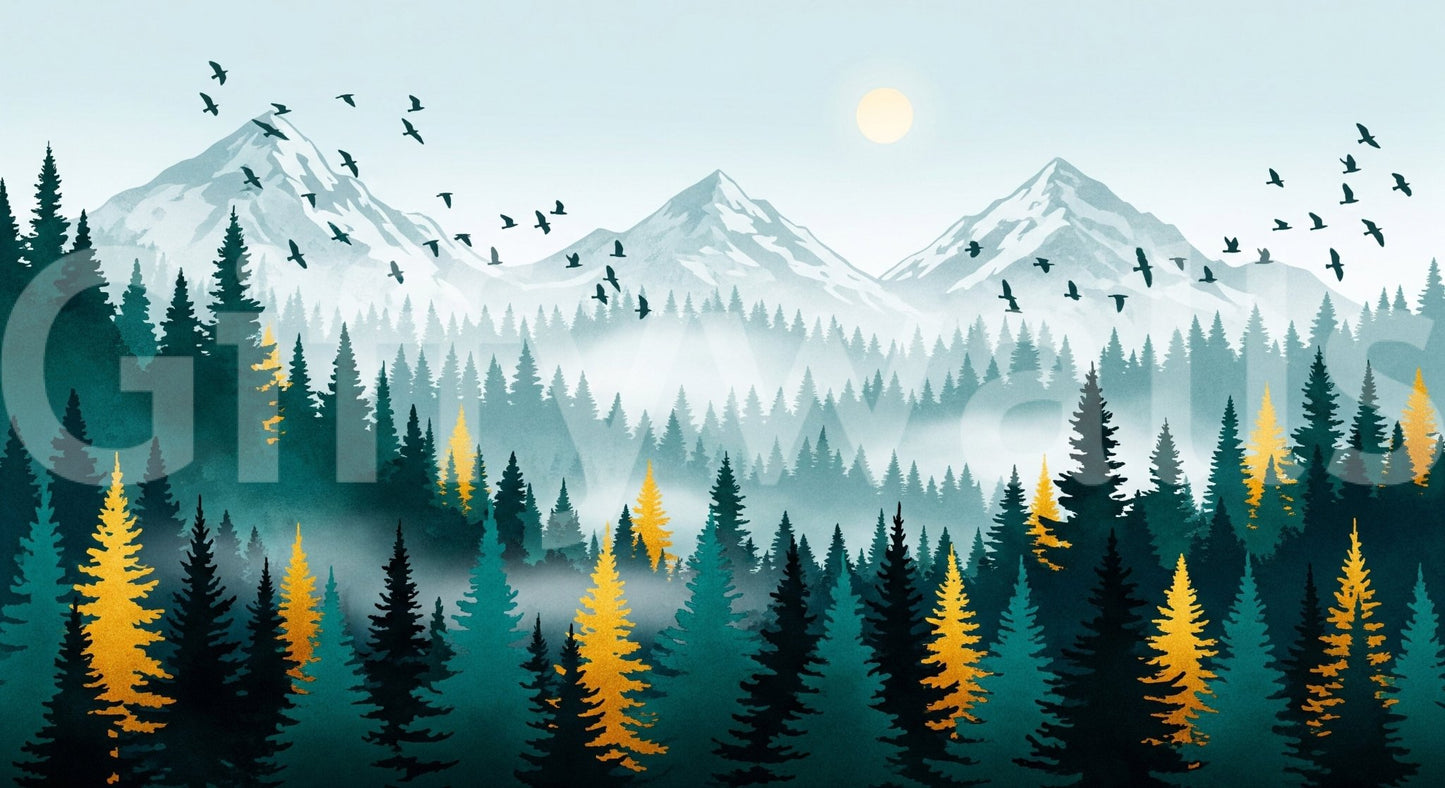 Statement wall mural with gilded tree silhouettes, GD7680