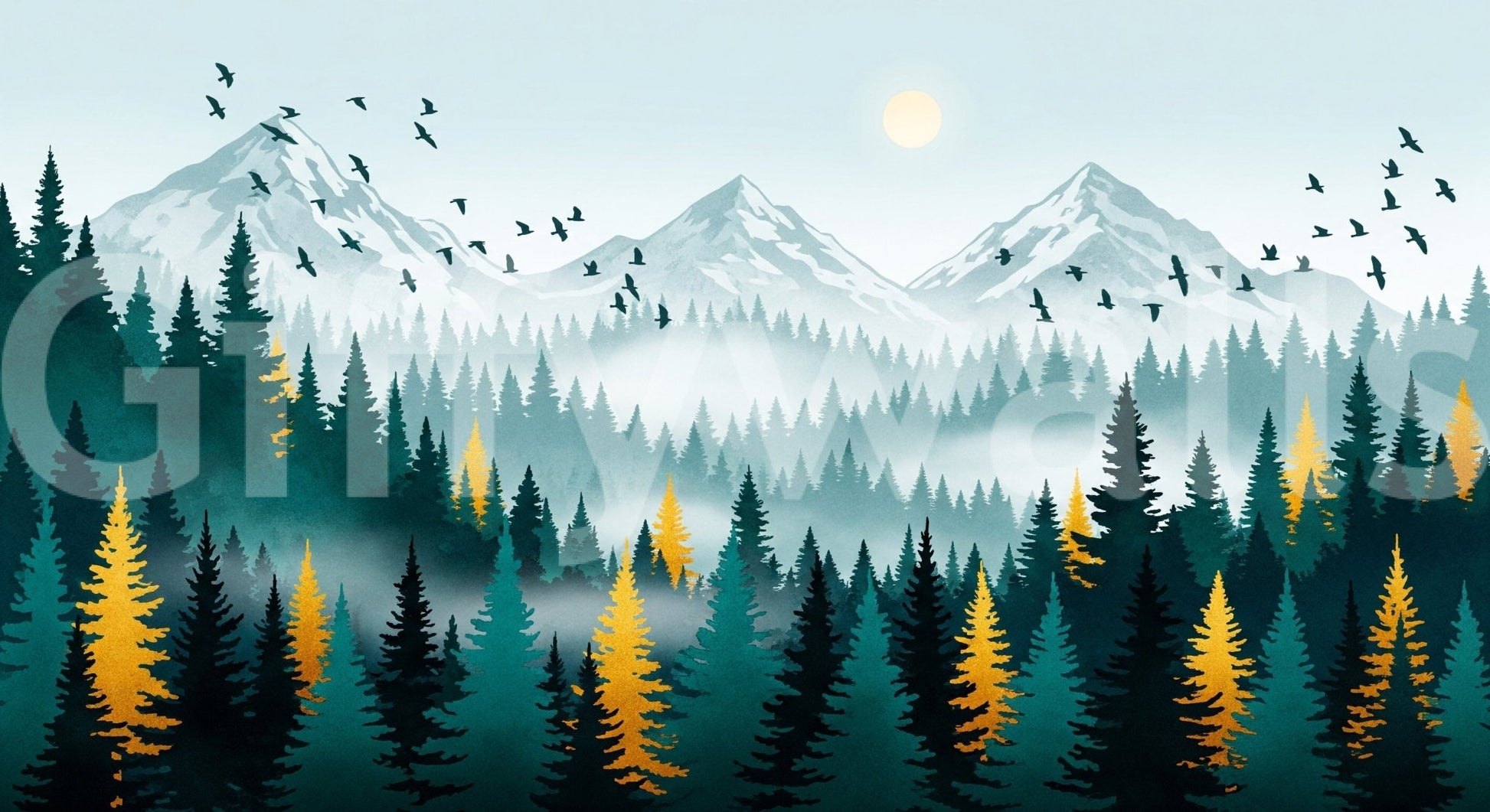 Statement wall mural with gilded tree silhouettes, GD7680
