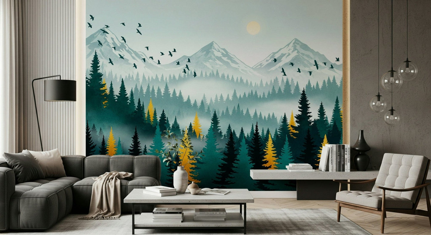 Nature-inspired wall mural with gilded leaves and trees, GD7680