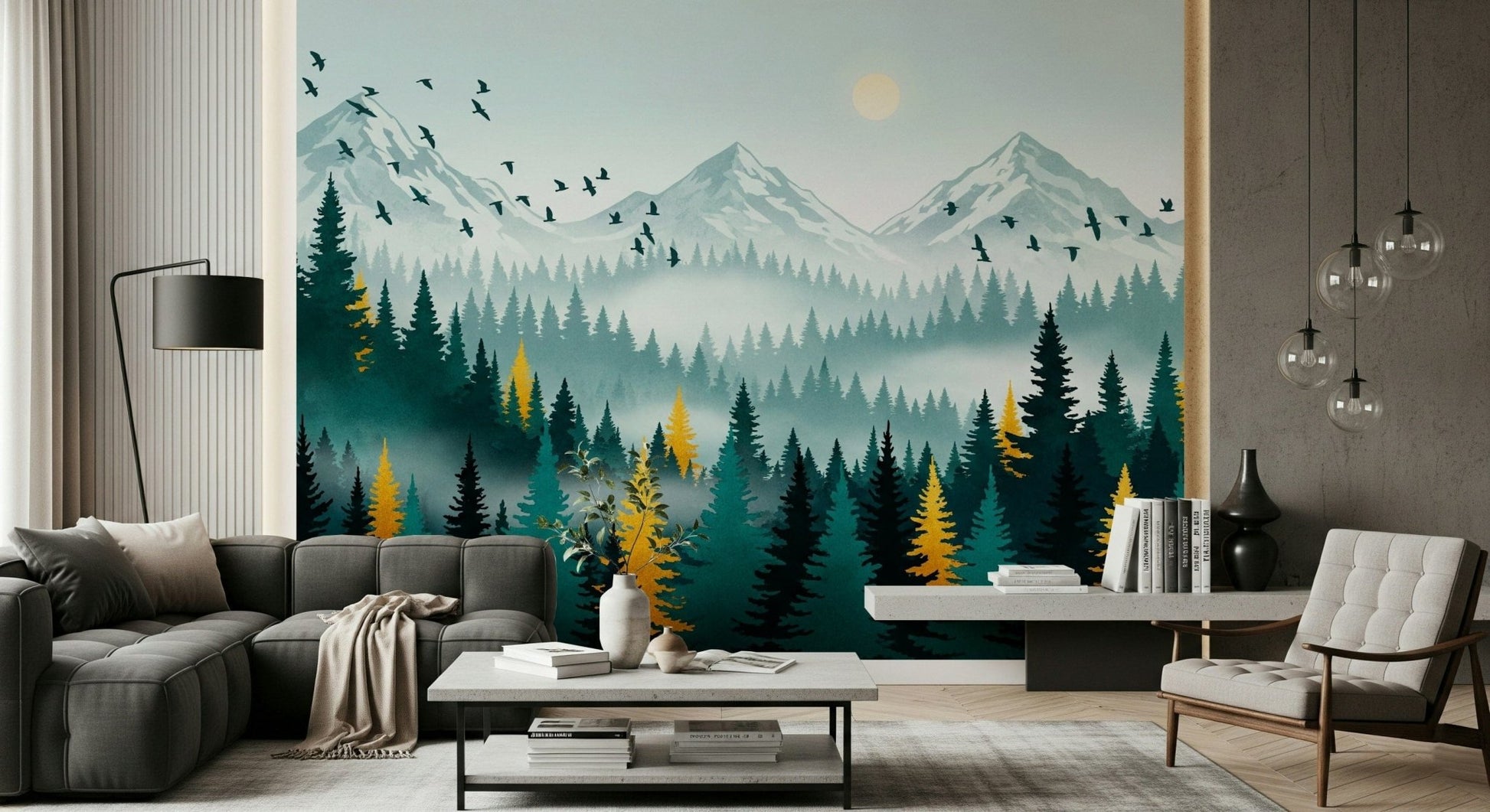 Nature-inspired wall mural with gilded leaves and trees, GD7680