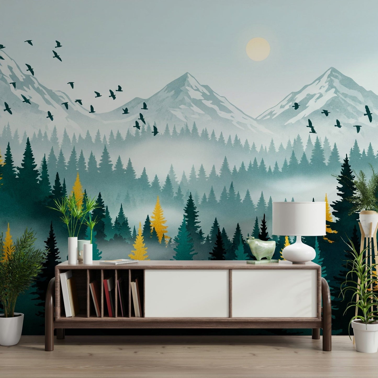 Metallic gold foliage wall mural with layered forest design, GD7680
