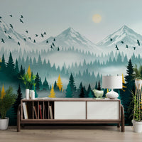 Metallic gold foliage wall mural with layered forest design, GD7680