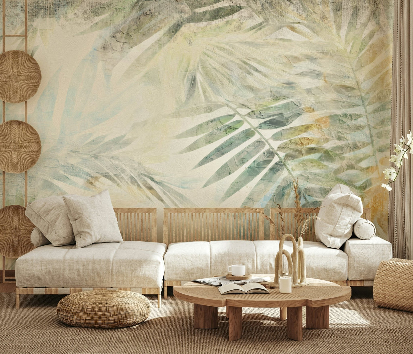 A graceful subtle leaf wall mural in soft, golden tones.