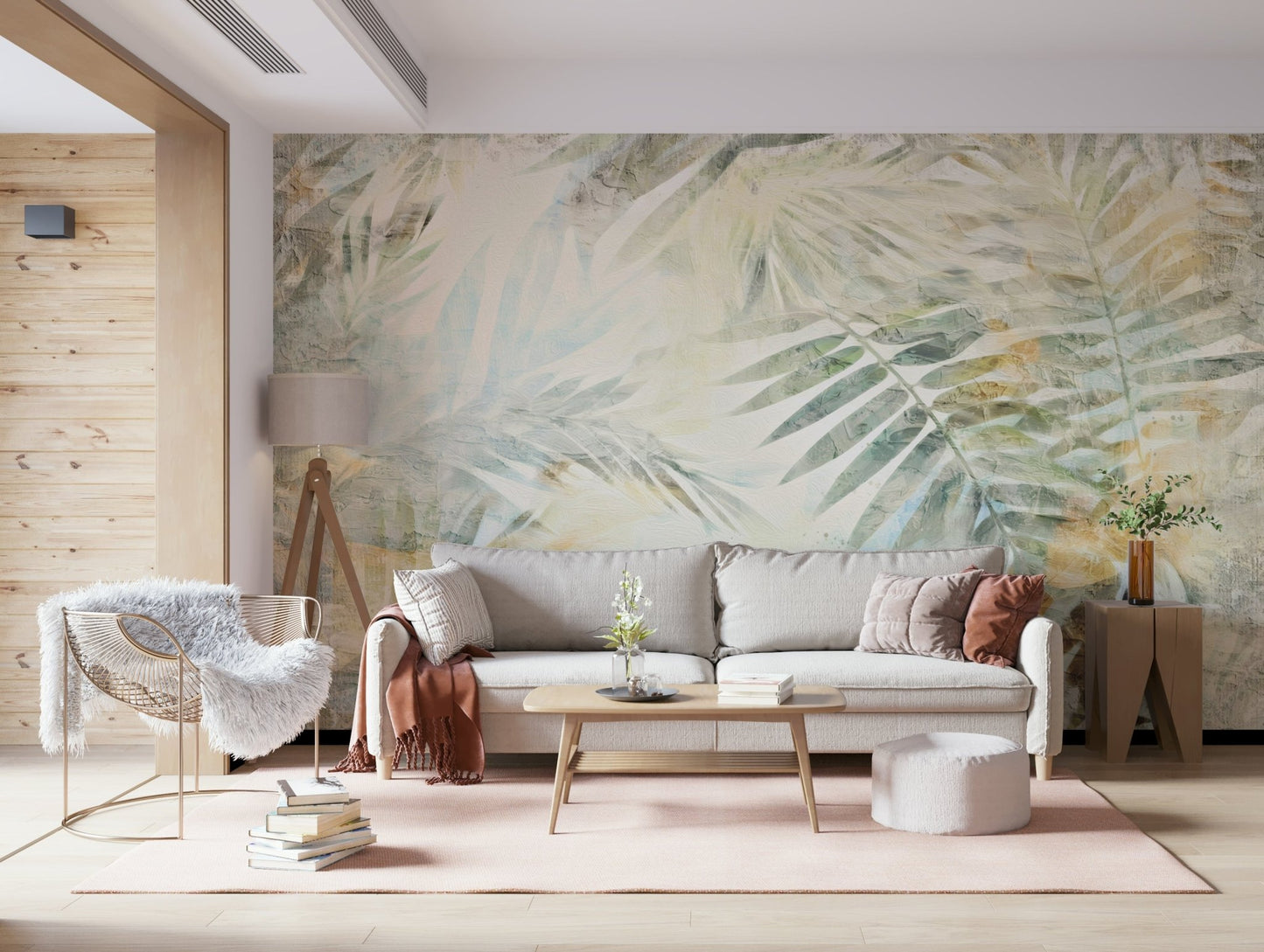 A contemplative botanical pattern wallpaper mural for a feature wall.